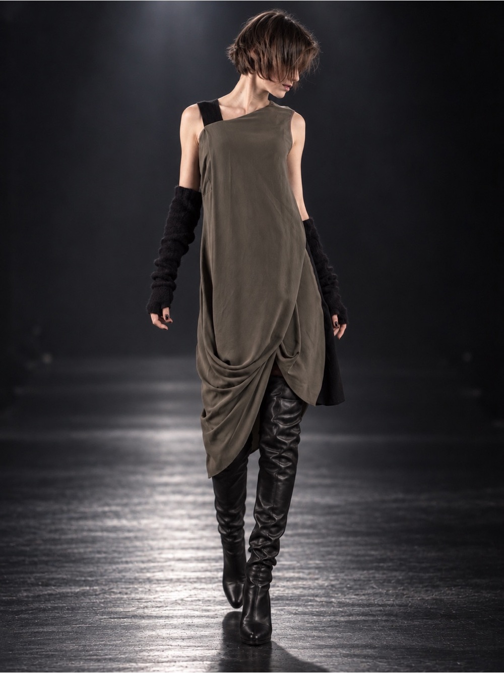 Alessandra Marchi Dress IT 44 Olive Black FW09/10 Asymmetric Draped Avant Garde